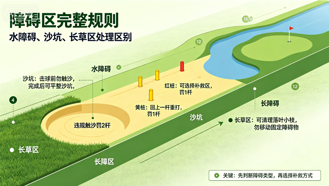 障碍区完整规则｜水障碍、沙坑、长草区处理区别