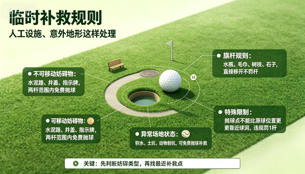 临时补救规则｜球砸树根、落在道路上该怎么处理
